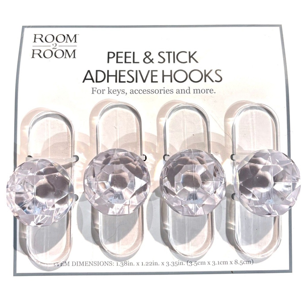 Room 2 Room 4 Pack Peel & Stick Adhesive Hooks Faux Crystal Clear Acrylic Knobs